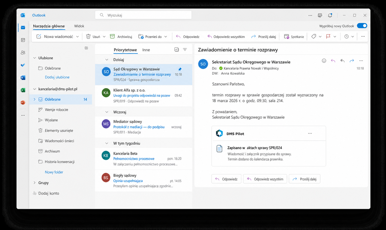 Polski widok Microsoft Outlook z fikcyjnymi wiadomościami przypisanymi do spraw DMS Pilot